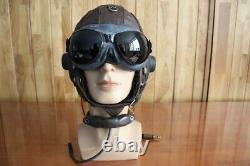 1961's MIG Pilot Leather Flight Communication Helmet, Dark Brown Goggles, Mic