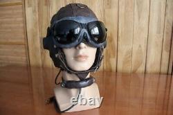 1961's MIG Pilot Leather Flight Communication Helmet, Dark Brown Goggles, Mic