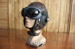 1961's MIG Pilot Leather Flight Communication Helmet, Dark Brown Goggles, Mic