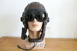 1961's chinese air force fighter pilot winter leather flight helmet, goggles, mic