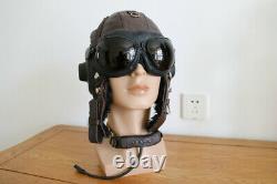 1961's chinese air force fighter pilot winter leather flight helmet, goggles, mic