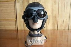 Air Force MiG-15 Pilot Winter Leather Flight Helmet, 1957's Cap, Goggles, Mic