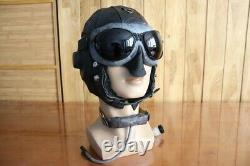 Air Force MiG-15 Pilot Winter Leather Flight Helmet, 1957's Cap, Goggles, Mic