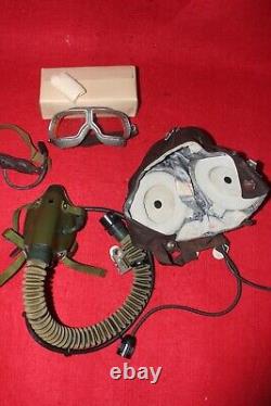 Air Force Mig-15 Pilot Leather Flight Helmet 1971 Cap Goggle, Mic Oxygen mask