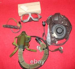 Air Force Mig-15 Pilot Leather Flight Helmet 1971 Cap Goggle, Mic Oxygen mask