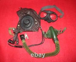 Air Force Mig-15 Pilot Leather Flight Helmet, 1971 Cap, Goggles, Mic, Oxygen mask