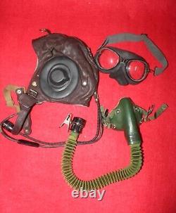 Air Force Mig-15 Pilot Leather Flight Helmet, 1971 Cap, Goggles, Mic, Oxygen mask