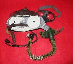 Air Force Mig-15 Pilot Leather Flight Helmet, 1971 Cap, Goggles, Mic, Oxygen mask