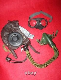 Air Force Mig-15 Pilot Leather Flight Helmet, 1971 Cap, Goggles, Mic, Oxygen mask