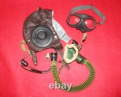 Air Force Mig-15 Pilot Leather Flight Helmet, 1971 Cap, Goggles, Mic, Oxygen mask