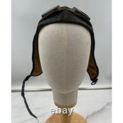 Antique WWII Leather Aviator Flight Cap Pilot Helmet Goggles Black Distressed