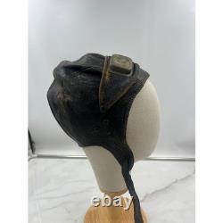 Antique WWII Leather Aviator Flight Cap Pilot Helmet Goggles Black Distressed
