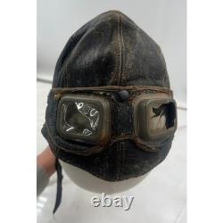 Antique WWII Leather Aviator Flight Cap Pilot Helmet Goggles Black Distressed