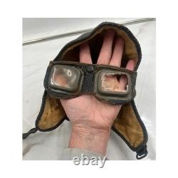 Antique WWII Leather Aviator Flight Cap Pilot Helmet Goggles Black Distressed