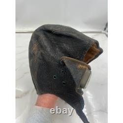 Antique WWII Leather Aviator Flight Cap Pilot Helmet Goggles Black Distressed