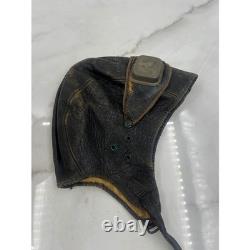 Antique WWII Leather Aviator Flight Cap Pilot Helmet Goggles Black Distressed