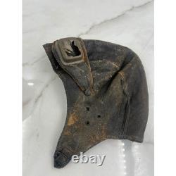 Antique WWII Leather Aviator Flight Cap Pilot Helmet Goggles Black Distressed