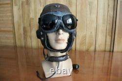 Chinese early MiG Pilot Leather Flight Helmet, throat Microphone, goggles