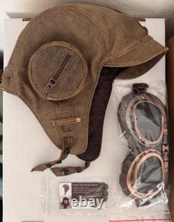 Cote Cuir Antique Vintage Brown 100% Leather Aviator Helmet with Pilot Goggles ML