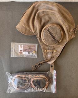 Cote Cuir Antique Vintage Brown 100% Leather Aviator Helmet with Pilot Goggles ML