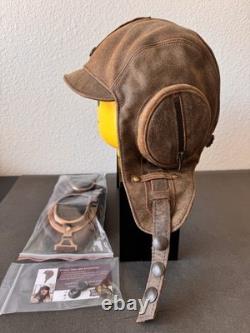 Cote Cuir Antique Vintage Brown 100% Leather Aviator Helmet with Pilot Goggles ML