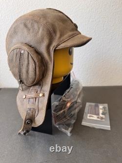 Cote Cuir Antique Vintage Brown 100% Leather Aviator Helmet with Pilot Goggles ML