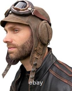 Cote Cuir Antique Vintage Brown 100% Leather Aviator Helmet with Pilot Goggles ML