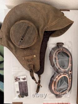 Cote Cuir Antique Vintage Brown 100% Leather Aviator Helmet with Pilot Goggles ML