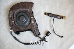 Early chinese MiG-15 Pilot Leather Flight Helmet, throat Microphone, goggles