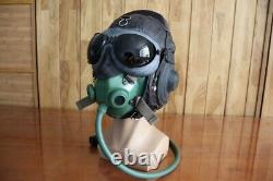 Early mig fighter pilot leather flight helmet, oxygen mask, goggless