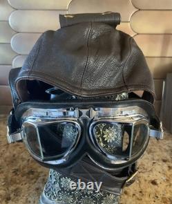 Flight Suits Ltd Brown LEATHER & Suede Flying Open Cockpit HELMET Cap Sz Large