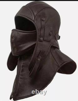 Genuine Leather Aviator Pilot Cap Removable Face Mask Vintage Flight Helmet Hat