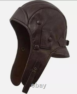 Genuine Leather Aviator Pilot Cap Removable Face Mask Vintage Flight Helmet Hat