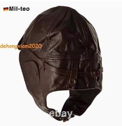 German Army Flight Leather Hood BROWN AVIATION HELMET WW1 Sheepskin Flying Hat