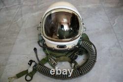 High altitude pilot flight helmet, pull down sunvisor, pressure suit