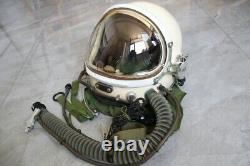 High altitude pilot flight helmet, pull down sunvisor, pressure suit