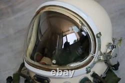 High altitude pilot flight helmet, pull down sunvisor, pressure suit