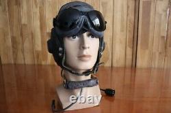 MiG-15 Pilot Leather Flight Helmet, Throat Microphone, Brown Goggles