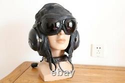 Militaria Aircraft Bomber Fighter Pilot Leather Flight Helmet, Dark Brown Goggles