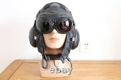 Militaria Aircraft Bomber Fighter Pilot Leather Flight Helmet, Dark Brown Goggles
