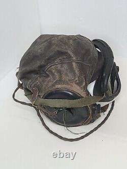 ORIGINAL WWII US ARMY AIR FORCE LEATHER PILOT FLIGHT HELMET withReceiver &Goggle