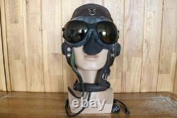 Original MiG-15 Pilot Leather Flight Helmet, Throat Microphone, Goggles