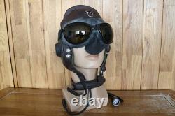 Original MiG-15 Pilot Leather Flight Helmet, Throat Microphone, Goggles