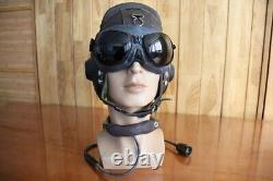 Original MiG-15 Pilot Leather Flight Helmet, Throat Microphone, Goggles