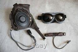 Original MiG-15 Pilot Leather Flight Helmet, Throat Microphone, Goggles