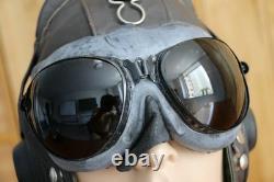 Original MiG-15 Pilot Leather Flight Helmet, Throat Microphone, Goggles