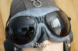 Original MiG-15 Pilot Leather Flight Helmet, Throat Microphone, Goggles