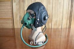 Original Vintage 1960's Black Cap MiG Pilot Leather Flight Helmet, oxygen mask