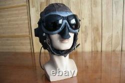 Rare 1961's air force fighter pilot winter leather flight helmet, goggles, micr
