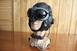 Rare Early Chinese Pilot Leather Flight Helmet (Black Brown Cap), goggles, mic